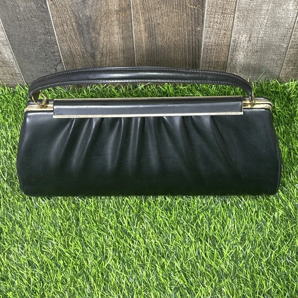 Vtg 50s Black Leather Wrapped Metal Top Handle Bag Gold Frame Clasp Purse